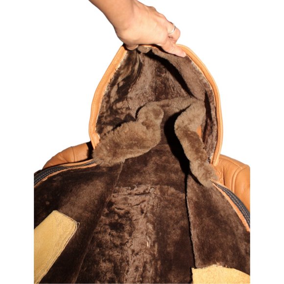Genuine SHEARLING Leather Aviator Winter Jacket USA Size M Lapels & Hoodie Zip - Picture 11 of 13